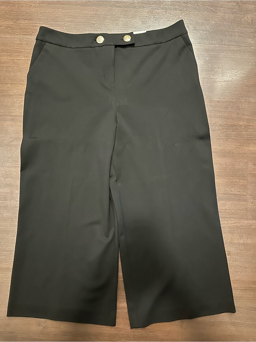 Laura - Modern, Wide-Leg Black Pants with Gold-Tone Button Detail